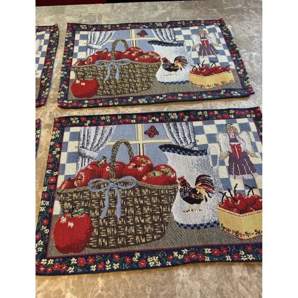 Vintage Country Farmhouse Woven Tapestry Placemats Set of 4 Rooster Apple Angel